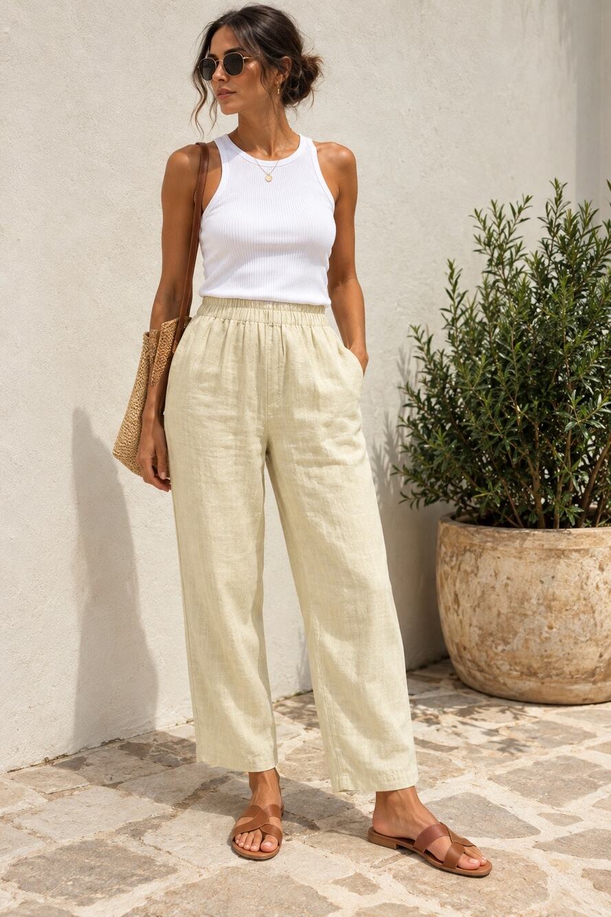 Zara 100% Linen Light Khaki Barrel Pants Size XS
